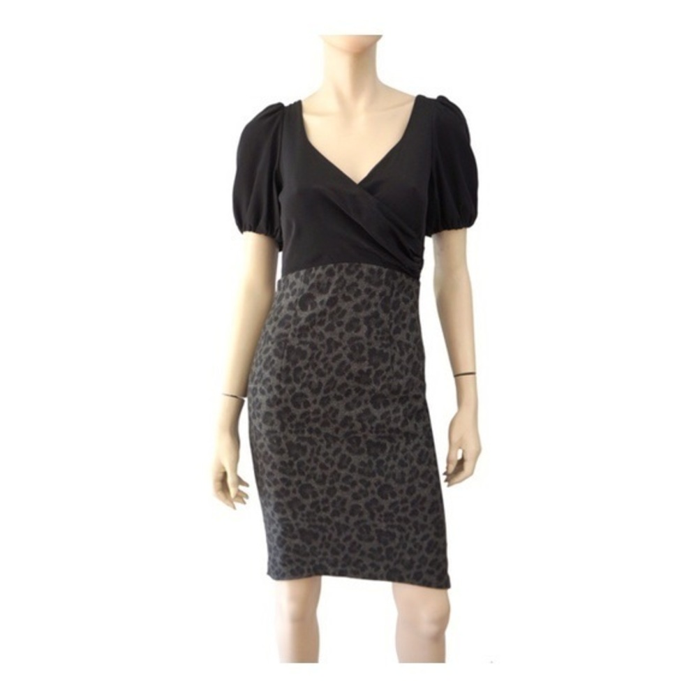 Rebecca Taylor Y2K black & grey v neck cheetah pattern‎ short sleeve midi dress
